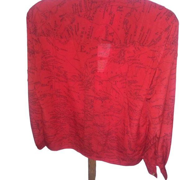 Vintage JONES NEW YORK Red/Black Pleated Map of Magellan Secretary Blouse S 10 - Picture 3 of 10